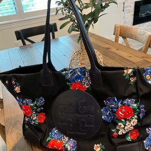 navy blue floral tory burch nylon tote bag
